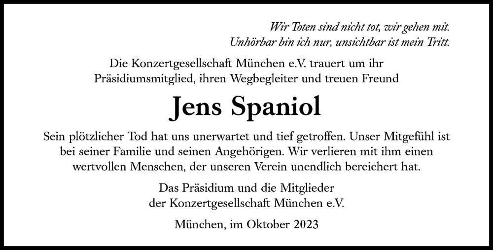  Traueranzeige für Jens Spaniol vom 04.11.2023 aus Süddeutsche Zeitung