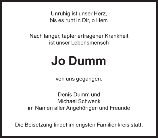 Traueranzeige von Jo Dumm von Süddeutsche Zeitung