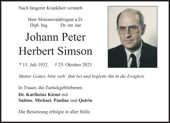 Traueranzeigen Von Johann Peter Herbert Simson Sz Gedenken De