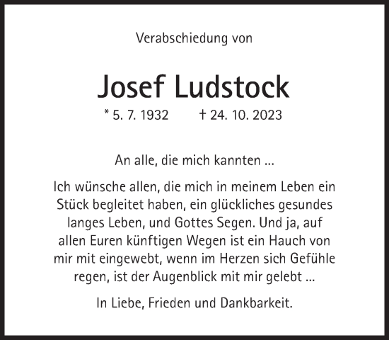 Traueranzeige von Josef Ludstock von Süddeutsche Zeitung