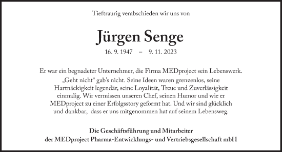 Traueranzeige von Jürgen Senge von Süddeutsche Zeitung