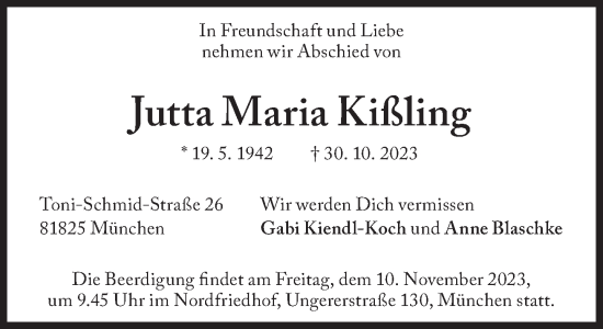 Traueranzeige von Jutta Maria Kißling von Süddeutsche Zeitung