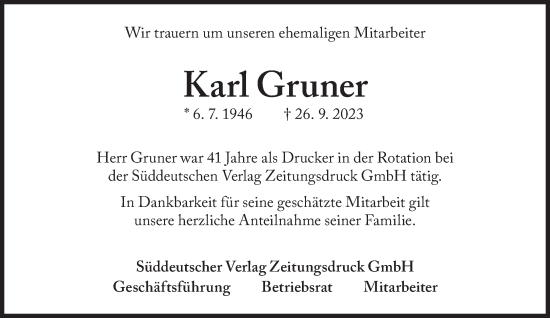 Traueranzeige von Karl Gruner von Süddeutsche Zeitung