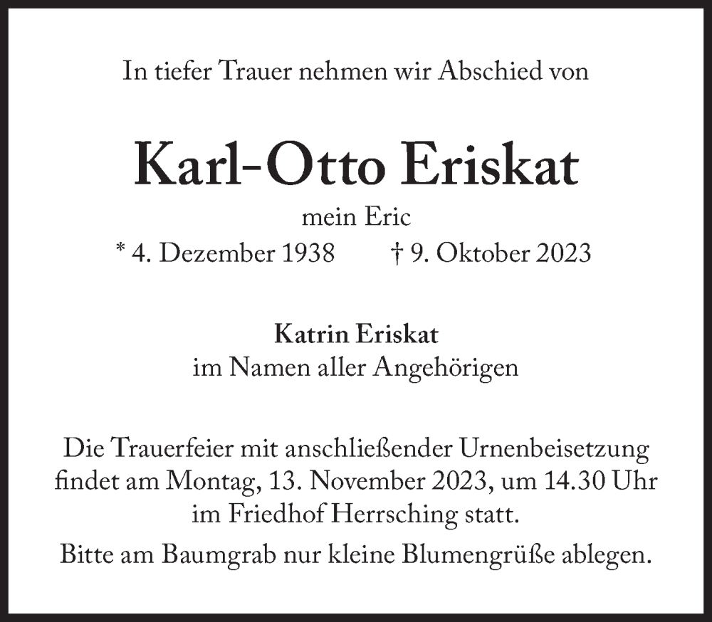  Traueranzeige für Karl-Otto Eriskat vom 20.10.2023 aus Süddeutsche Zeitung