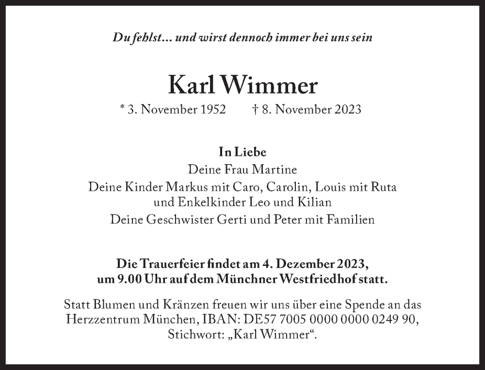  Traueranzeige für Karl Wimmer vom 18.11.2023 aus Süddeutsche Zeitung