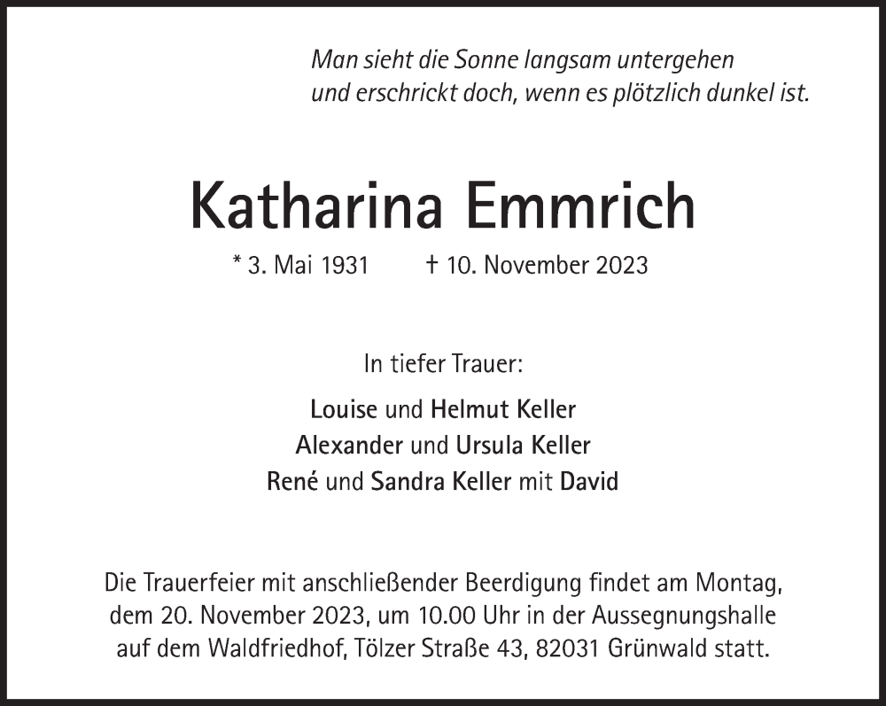  Traueranzeige für Katharina Emmrich vom 18.11.2023 aus Süddeutsche Zeitung