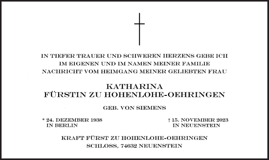 Traueranzeige von Katharina Fürstin zu Hohenlohe-Oehringen von Süddeutsche Zeitung
