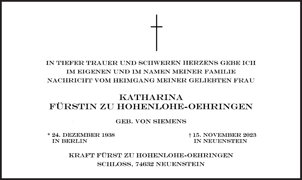  Traueranzeige für Katharina Fürstin zu Hohenlohe-Oehringen vom 25.11.2023 aus Süddeutsche Zeitung
