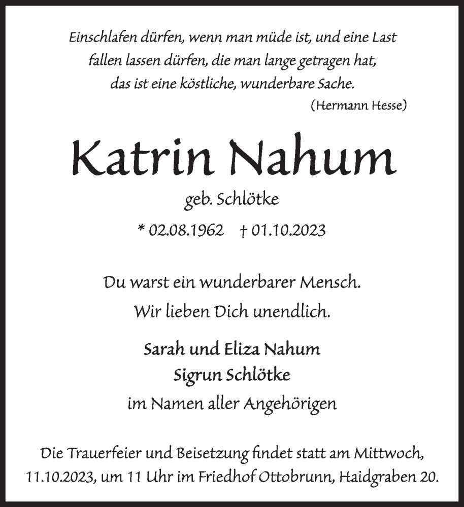  Traueranzeige für Katrin Nahum vom 07.10.2023 aus Süddeutsche Zeitung