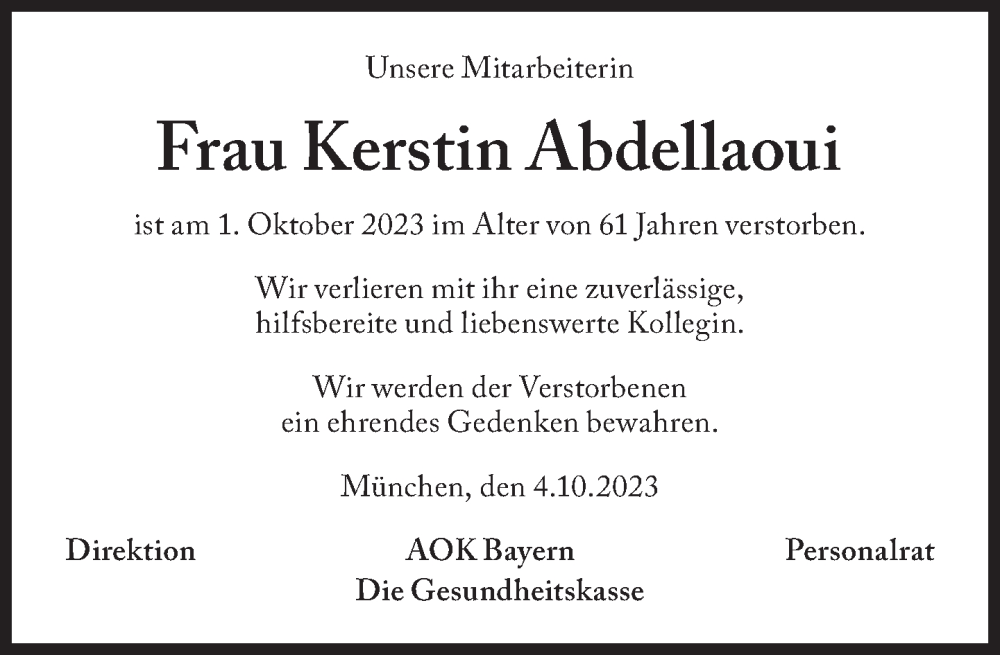  Traueranzeige für Kerstin Abdellaoui vom 06.10.2023 aus Süddeutsche Zeitung