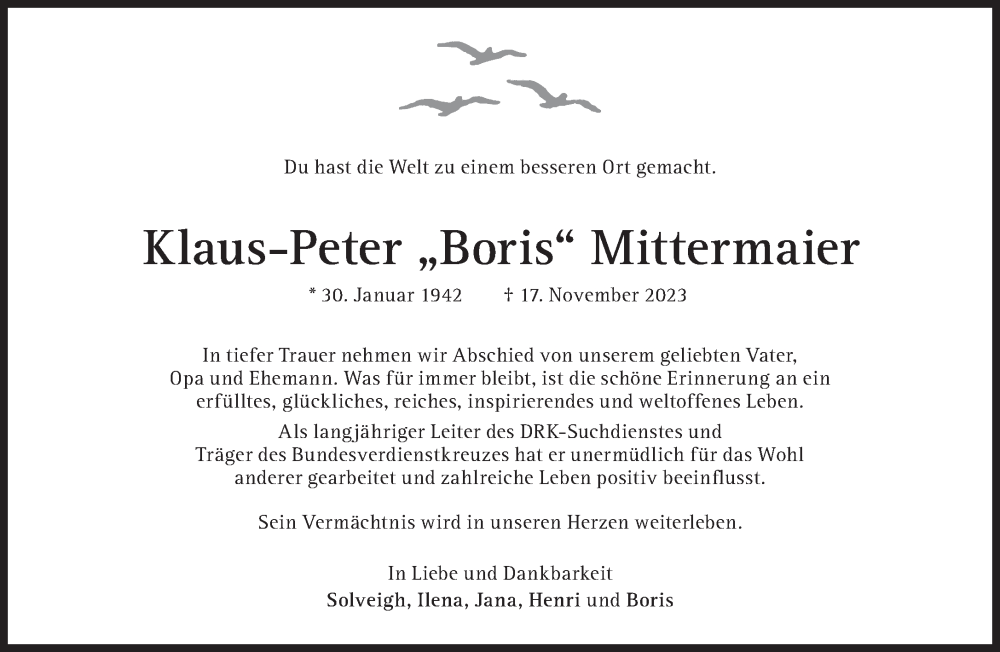  Traueranzeige für Klaus-Peter Mittermaier vom 25.11.2023 aus Süddeutsche Zeitung