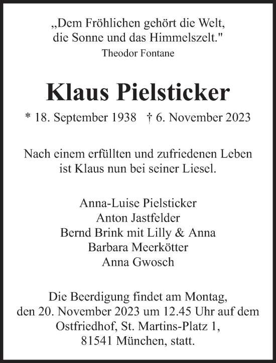 Traueranzeige von Klaus Pielsticker von Süddeutsche Zeitung