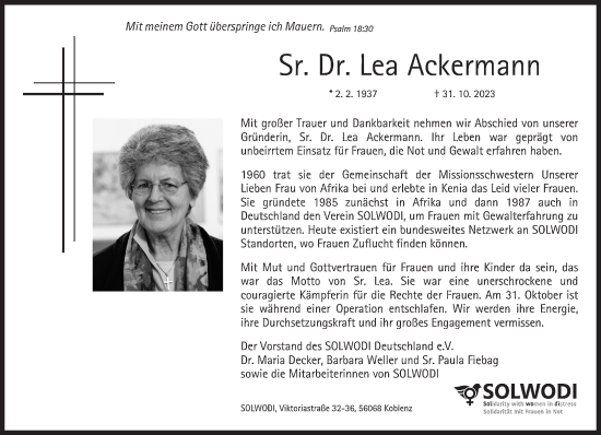 Traueranzeige von Lea Ackermann von Süddeutsche Zeitung