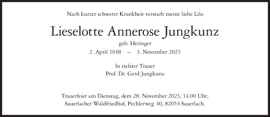 Traueranzeige von Lieselotte Annerose Jungkunz von Süddeutsche Zeitung