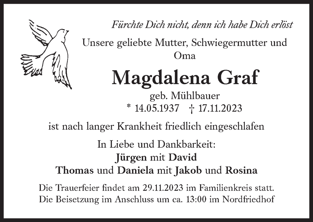  Traueranzeige für Magdalena Graf vom 28.11.2023 aus Süddeutsche Zeitung
