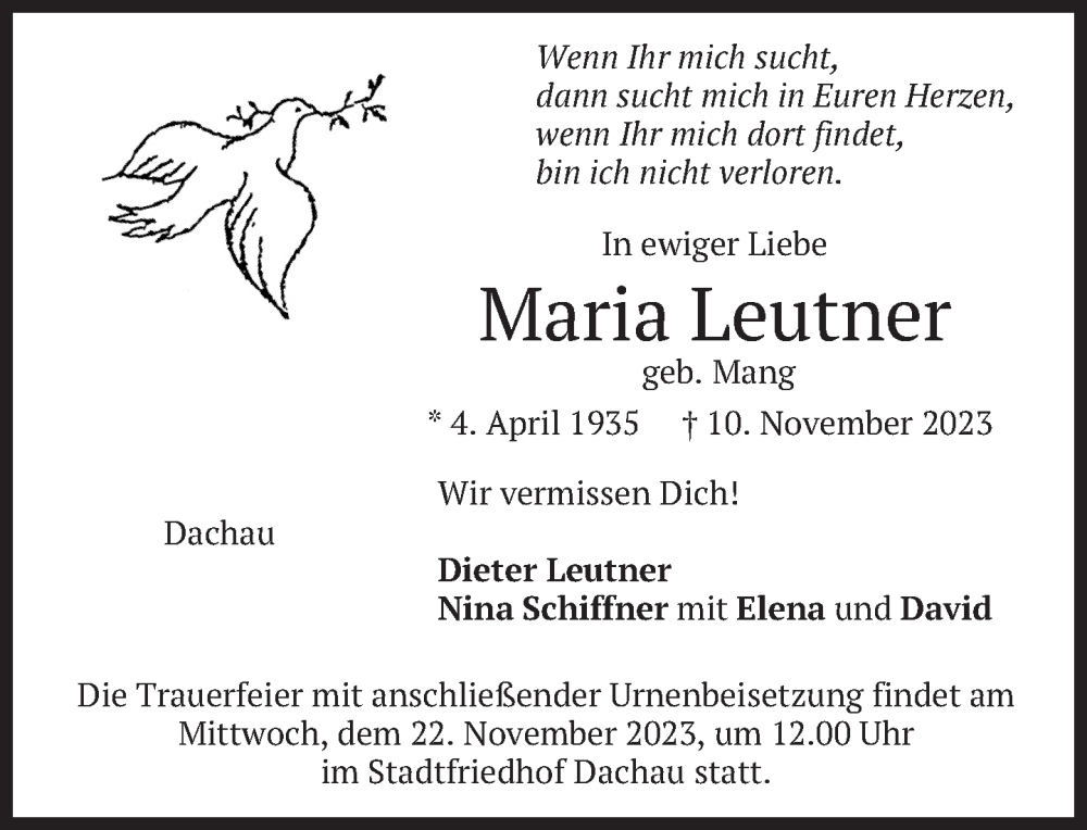  Traueranzeige für Maria Leutner vom 18.11.2023 aus Süddeutsche Zeitung