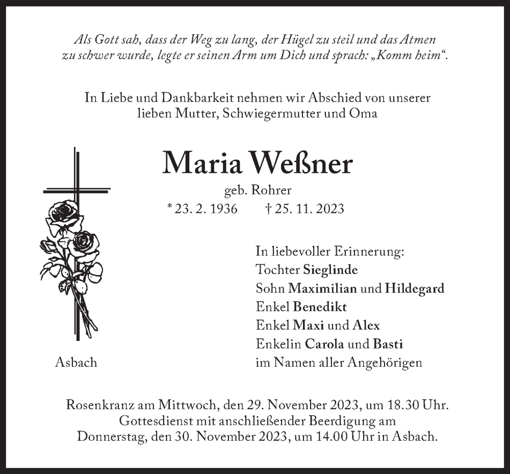  Traueranzeige für Maria Weßner vom 28.11.2023 aus Süddeutsche Zeitung