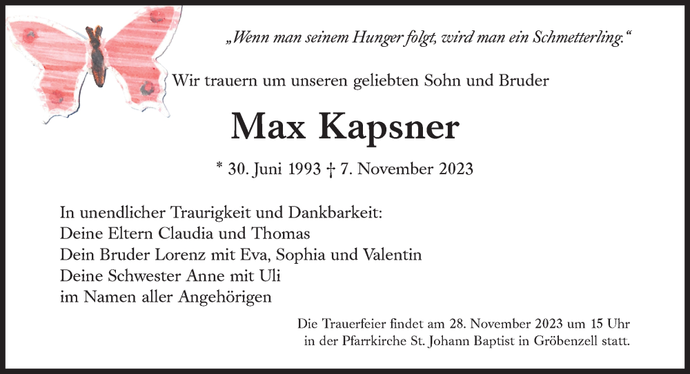  Traueranzeige für Max Kapsner vom 25.11.2023 aus Süddeutsche Zeitung