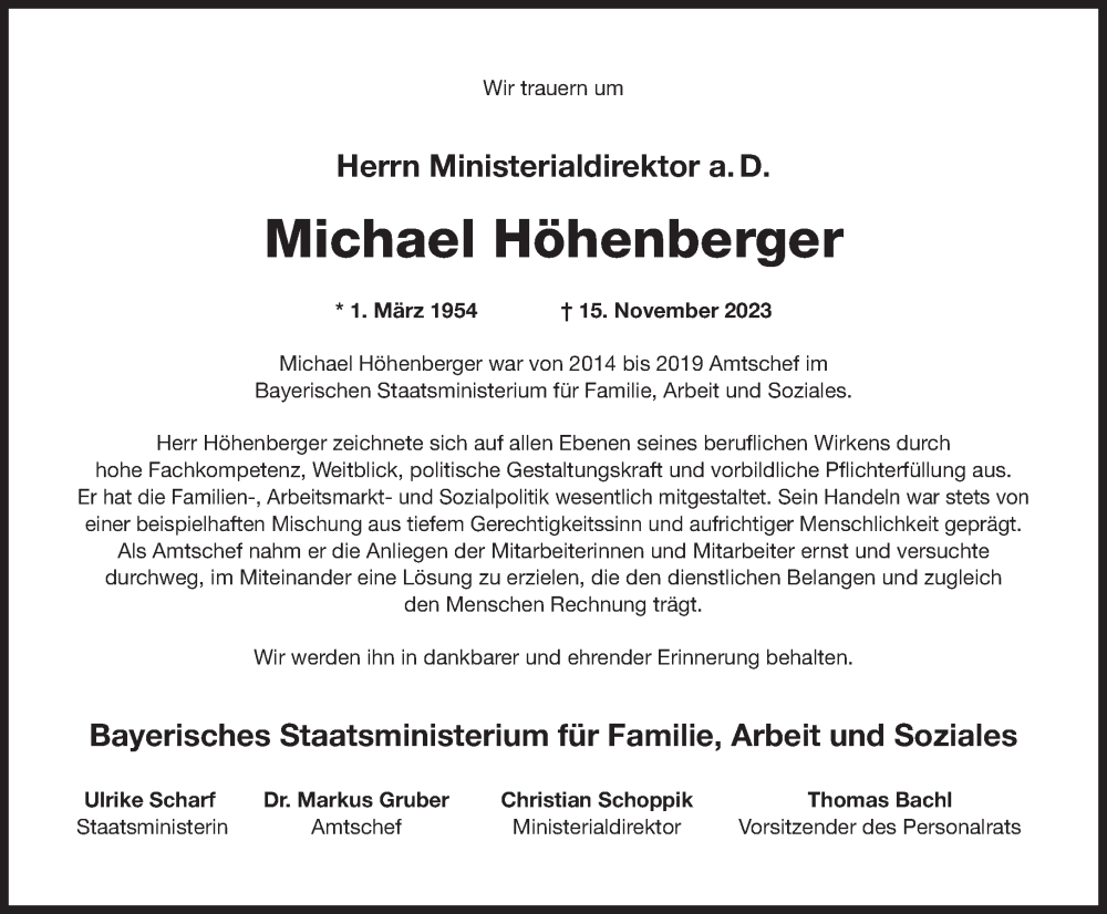  Traueranzeige für Michael Höhenberger vom 18.11.2023 aus Süddeutsche Zeitung