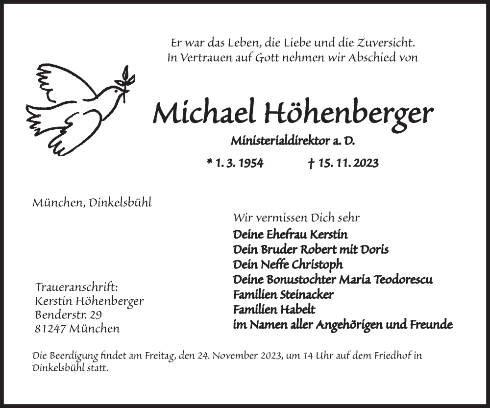  Traueranzeige für Michael Höhenberger vom 22.11.2023 aus Süddeutsche Zeitung
