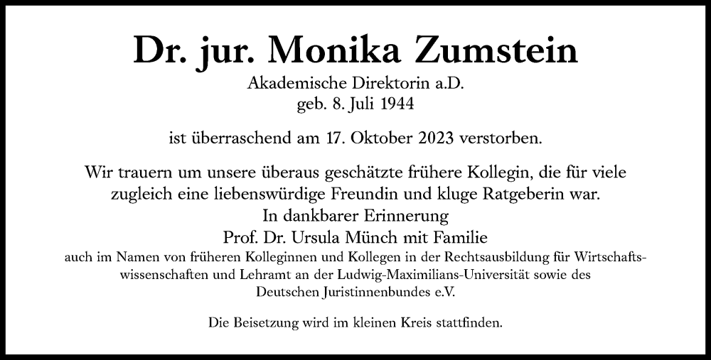  Traueranzeige für Monika Zumstein vom 25.10.2023 aus Süddeutsche Zeitung
