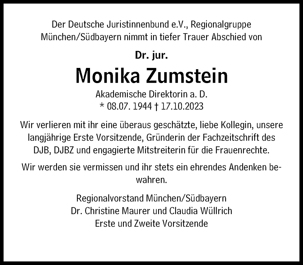  Traueranzeige für Monika Zumstein vom 28.10.2023 aus Süddeutsche Zeitung