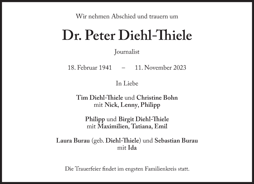  Traueranzeige für Peter Diehl-Tiele vom 25.11.2023 aus Süddeutsche Zeitung
