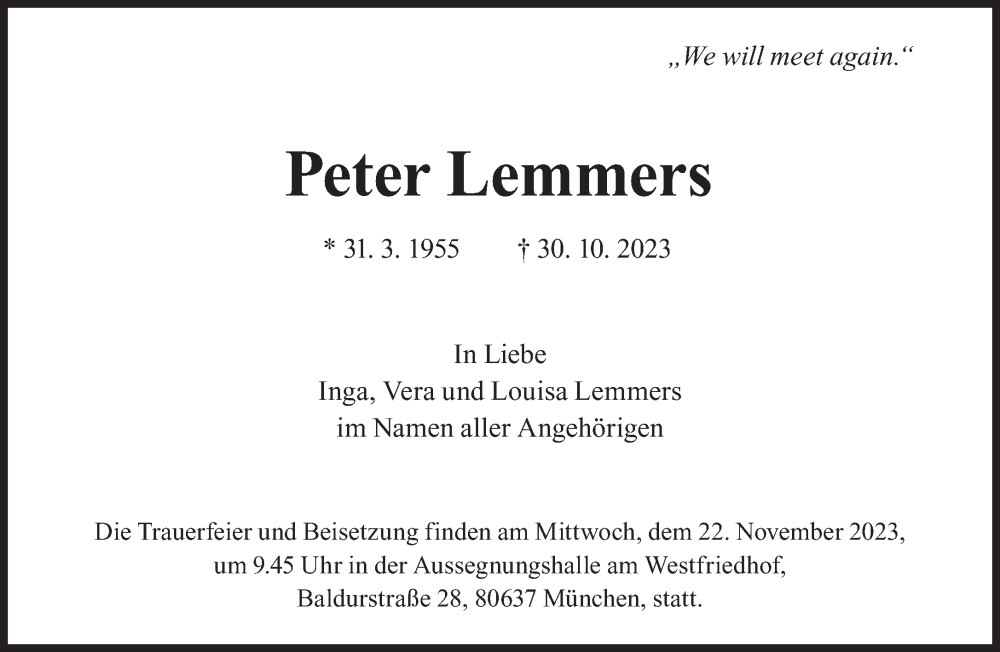  Traueranzeige für Peter Lemmers vom 18.11.2023 aus Süddeutsche Zeitung