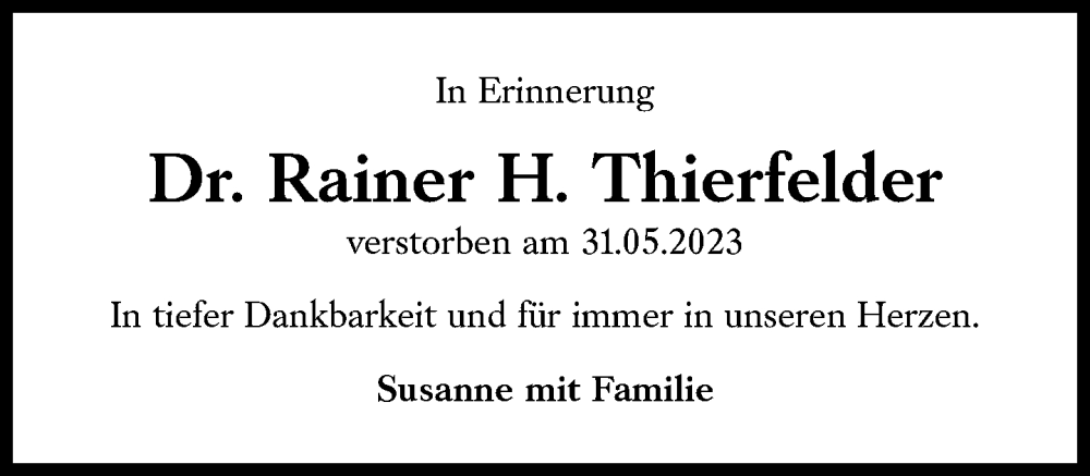  Traueranzeige für Rainer H. Thierfelder vom 21.11.2023 aus Süddeutsche Zeitung