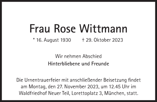 Traueranzeige von Rose Wittmann von Süddeutsche Zeitung