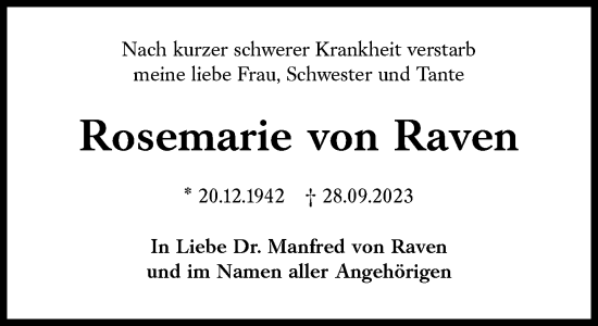 Traueranzeige von Rosemarie von Raven von Süddeutsche Zeitung