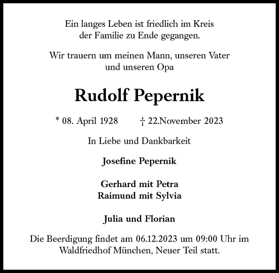 Traueranzeige von Rudolf Pepernik von Süddeutsche Zeitung