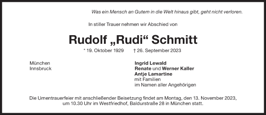 Traueranzeige von Rudolf Schmitt von Süddeutsche Zeitung