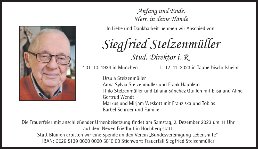  Traueranzeige für Siegfried Stelzenmüller vom 30.11.2023 aus Süddeutsche Zeitung