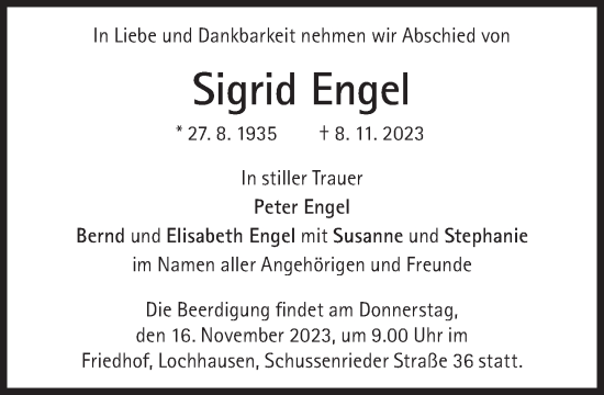 Traueranzeige von Sigrid Engel von Süddeutsche Zeitung