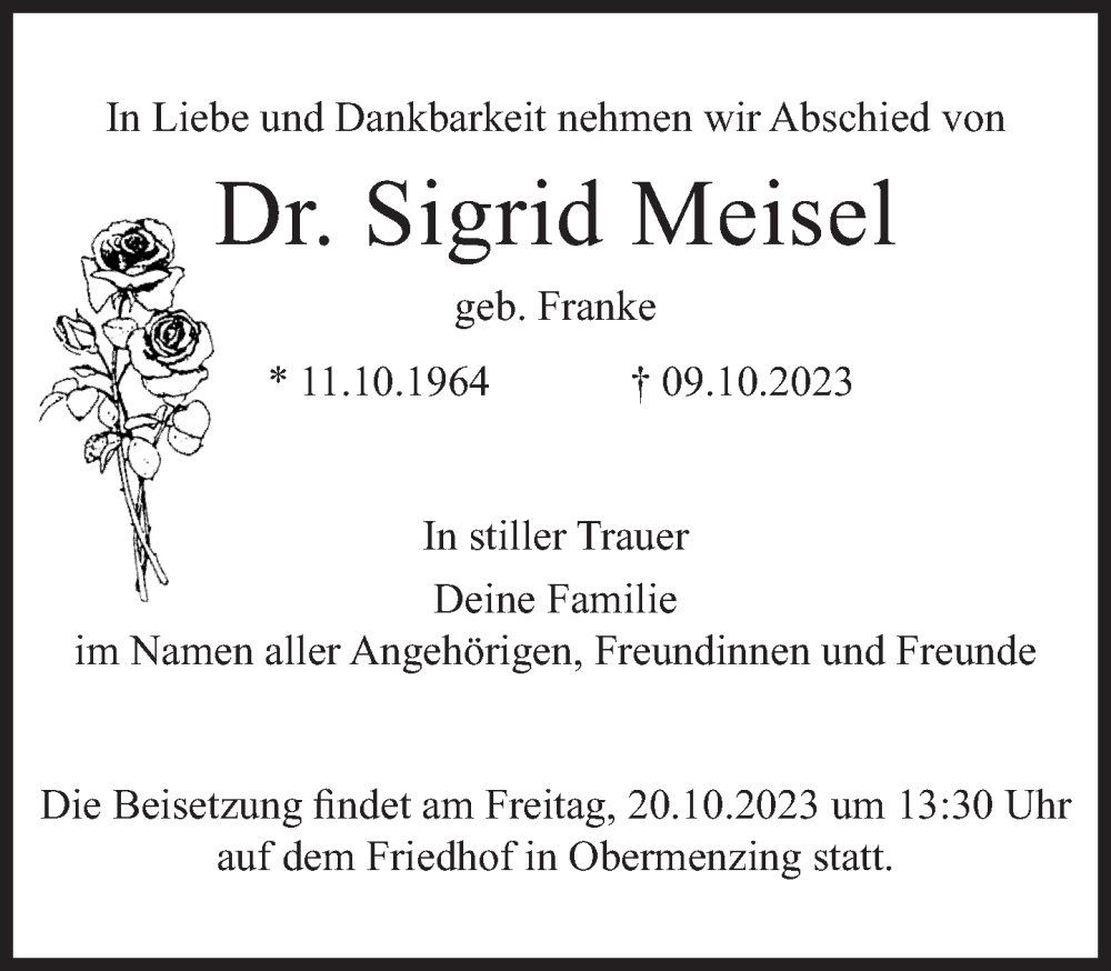  Traueranzeige für Sigrid Meisel vom 14.10.2023 aus Süddeutsche Zeitung