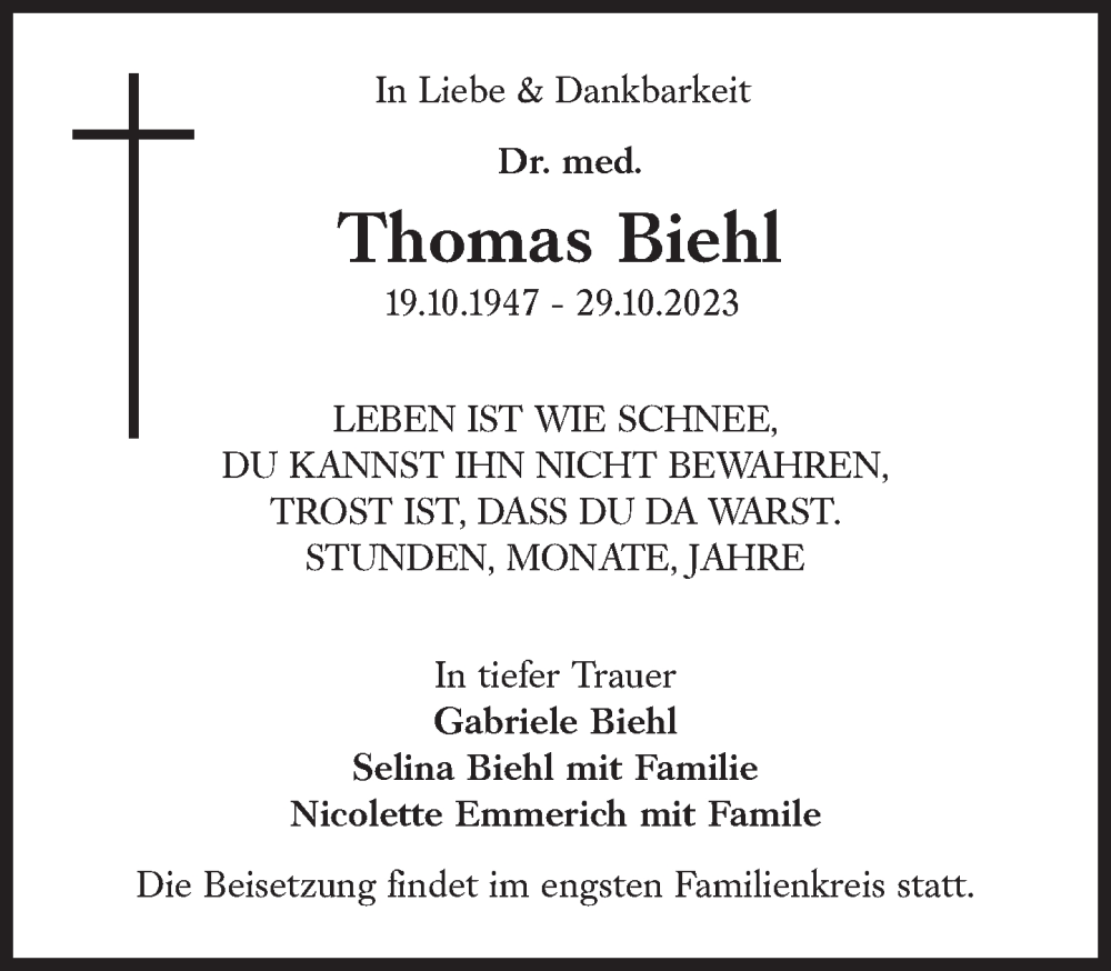  Traueranzeige für Thomas Biehl vom 11.11.2023 aus Süddeutsche Zeitung