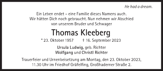 Traueranzeige von Thomas Kleeberg von Süddeutsche Zeitung
