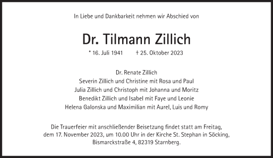 Traueranzeige von Tilmann Zillich von Süddeutsche Zeitung