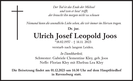 Traueranzeige von Ulrich Josef Leopold Joos von Süddeutsche Zeitung