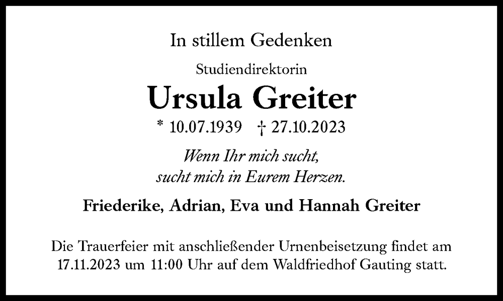  Traueranzeige für Ursula Greiter vom 11.11.2023 aus Süddeutsche Zeitung