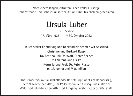 Traueranzeige von Ursula Luber von Süddeutsche Zeitung