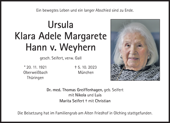 Traueranzeige von Ursula Klara Adele Margarete Hann v. Weyhern von Süddeutsche Zeitung