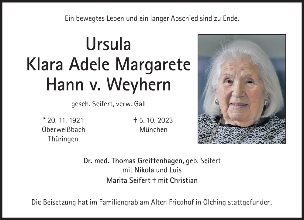  Traueranzeige für Ursula Klara Adele Margarete Hann v. Weyhern vom 25.11.2023 aus Süddeutsche Zeitung