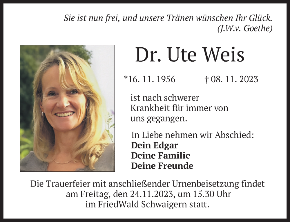  Traueranzeige für Ute Weis vom 18.11.2023 aus Süddeutsche Zeitung