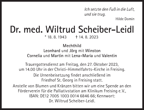 Traueranzeige von Wiltrud Scheiber-Leidl von Süddeutsche Zeitung