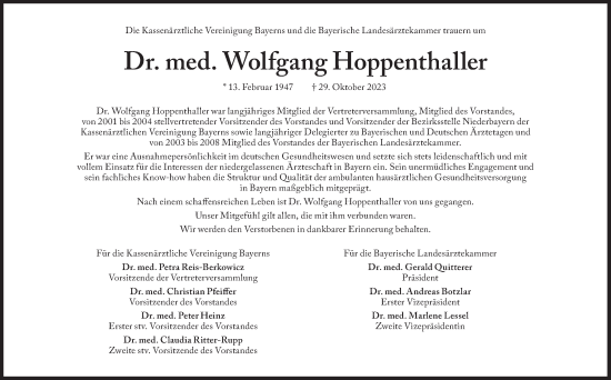 Traueranzeige von Wolfgang Hoppenthaller von Süddeutsche Zeitung