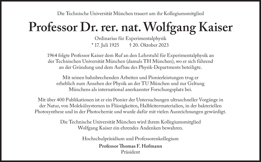  Traueranzeige für Wolfgang Kaiser vom 31.10.2023 aus Süddeutsche Zeitung