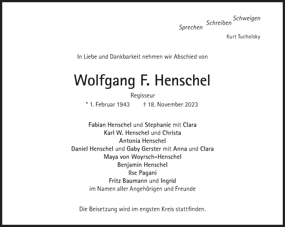  Traueranzeige für Wolfgang F. Henschel vom 25.11.2023 aus Süddeutsche Zeitung