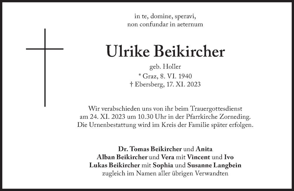  Traueranzeige für Ulrike Beikircher vom 22.11.2023 aus Süddeutsche Zeitung